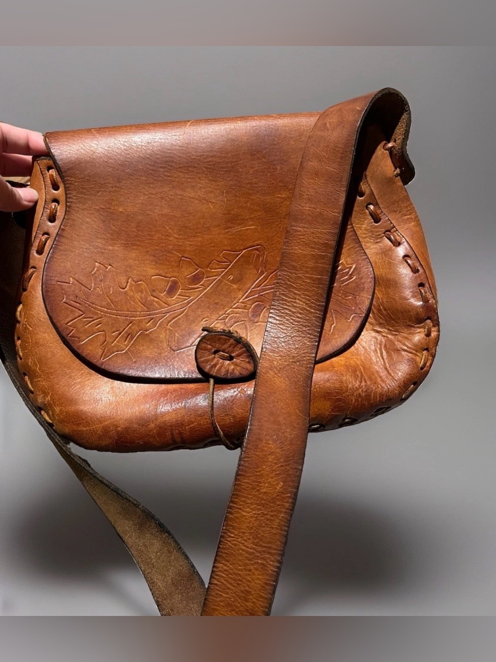 Vtg Tooled Leather Purse Laced Shoulder Bag by Canale Boho 60s 70s Hippie Flower